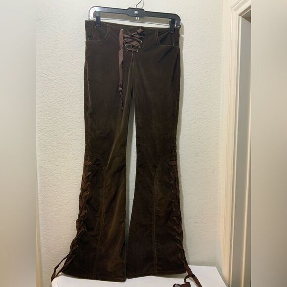 Dana Foley NYC corduroy brown pants lace Low Rise Wide Leg - Picture 1 of 9